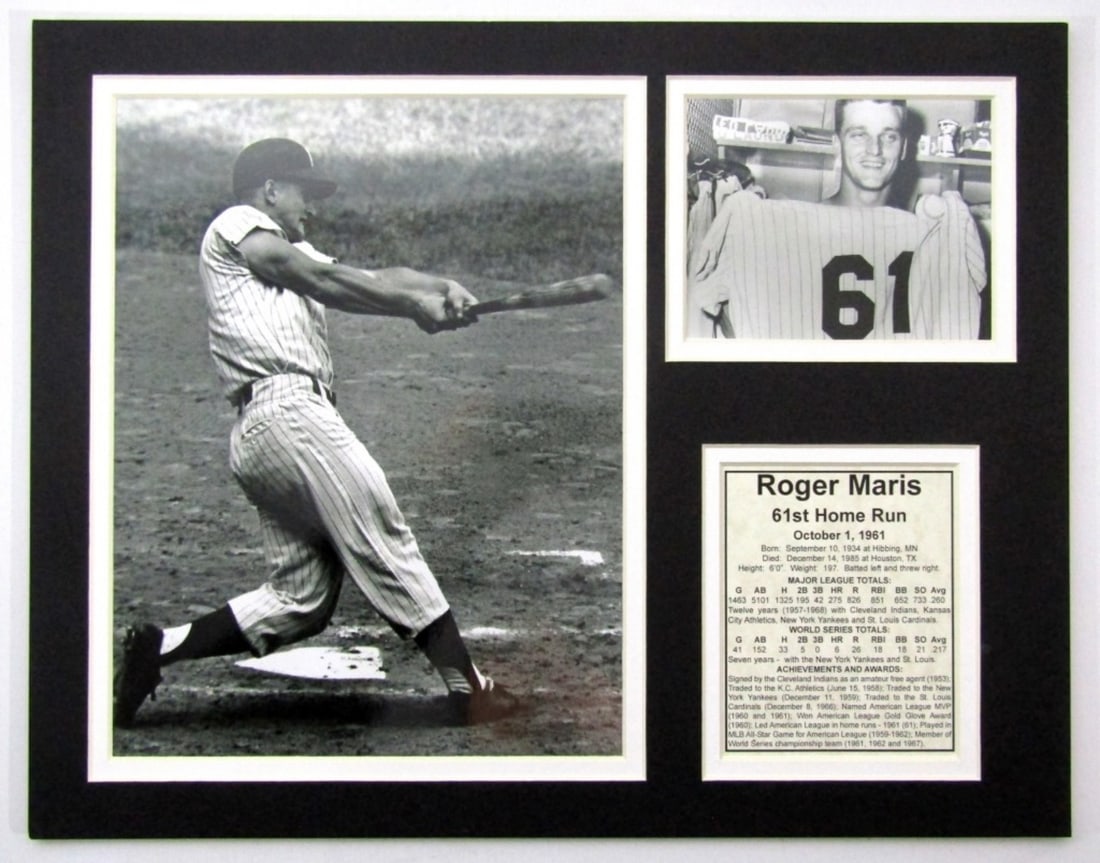 Roger Maris 61st Home Run 1961 Framed Collage: October 1, 1961 (2) Photo Prints, Achievements Card; Excellent Condition.