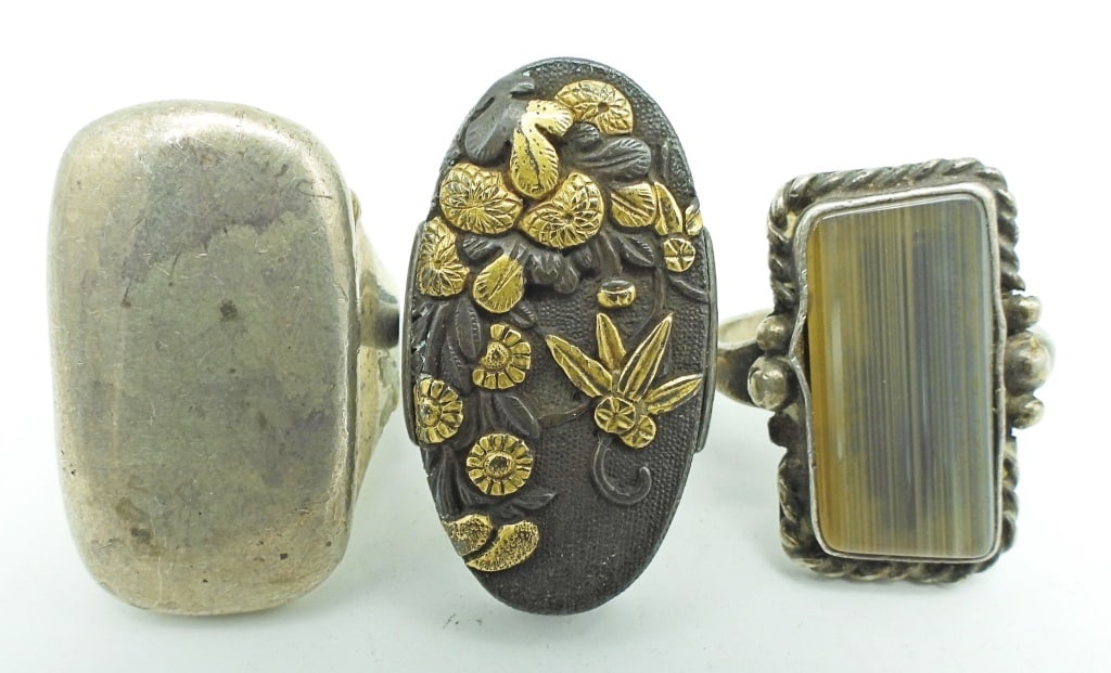 (3) Vintage Sterling Rings: Flower Field Marked "Silver", Sterling Labradorite, All Sterling Ring Marked "Sterling"; 24.6 dwt. Sizes 7.5, 8.5, 9.