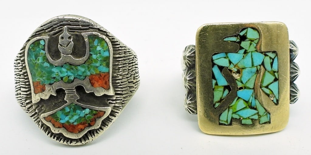 (2) Vintage Sterling Navajo Rings: Navajo Chip Inlay Peyote Bird, Navajo Thunderbird Marked "GW"; 15.5 dwt. Sizes 8 & 10.