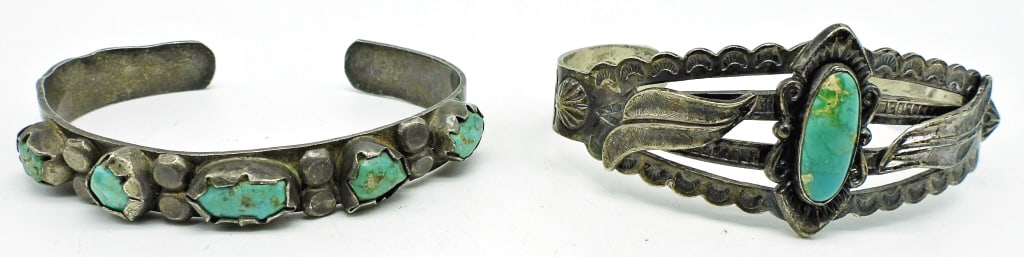 (2) Vintage Sterling Cuff Bracelets - Fred Harvey: Fred Harvey Era Signed Turquoise Cuff 5.25" Open ^" with Gap; Navajo Turquoise Row Cuff 5.25" Open, 6" with Gap; 23.6 dwt.