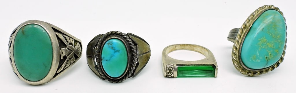 (4) Sterling Southwest Rings THUNDERBIRD: Southwest Thunderbird Band Turquoise Stone, Marked "Sterling"; .925 Marked Malachite Bar Ring; Navajo Turquoise Ring; Large Turquoise & Sterling Ring; Sizes 6.5, 6, 11.5, 9; 17.8 dwts.