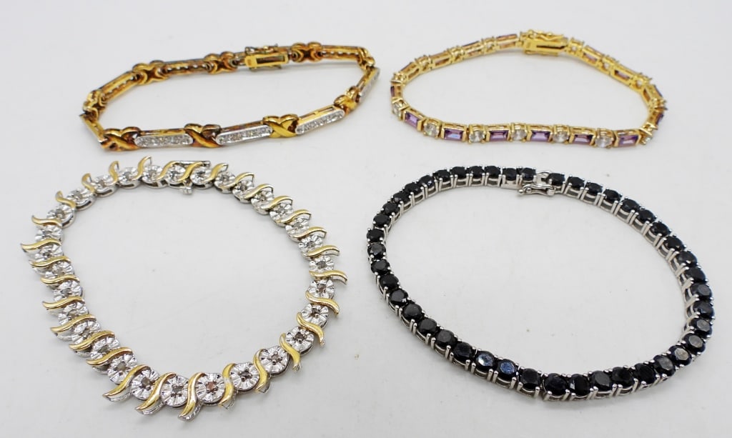 (4) STERLING GEMSTONE BRACELETS: 31DWT,1- 7 1/2", 3- 8" ALL OPEN BOX CLASP AND STAMPED 925 2- GOLD TONE 1- SILVER TONE