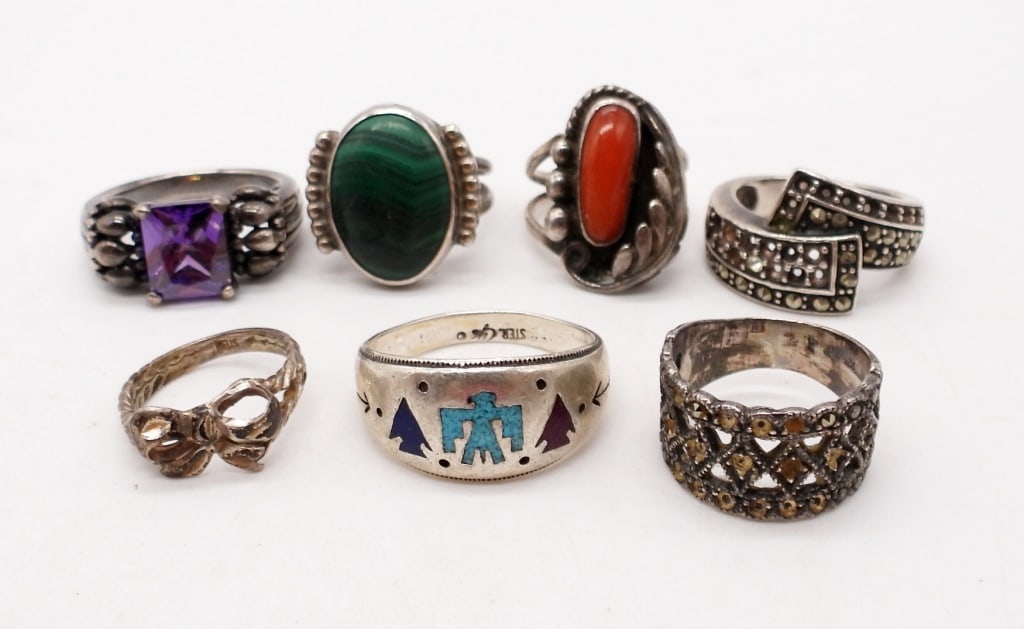 (7) STERLING SILVER RINGS WITH TURQUOISE: TURQUOISE INLAY STONES, GEMSTONES & NATURAL STONES, MARCASITE - STAMPED STERLING - SIZES VARY 3-10 - 23 DWT