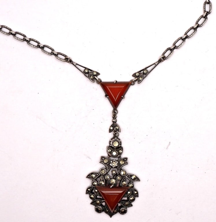 Art Deco CARNELIAN Marcasite Sterling: 16" LONG (11 DWT)