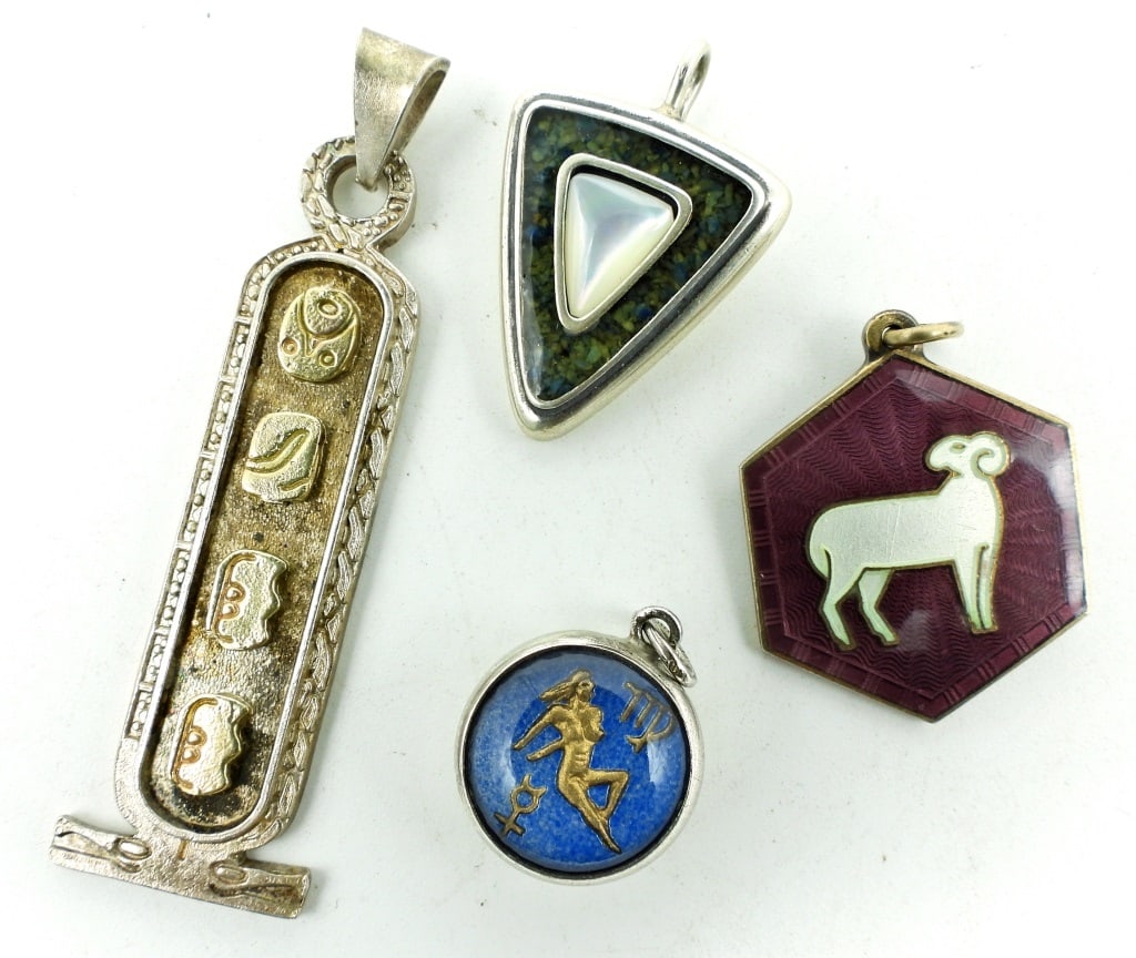 (4) Vintage Sterling Silver Pendant/Charms: David Anderson Aries Sterling Silver Norway Zodiac 925; Mexico 925 Aztec Symbols Pendant; Glass Bubble Virgo Zodiac Charm Marked Sterling; Carolyn Pollack Mother of Pearl Turquoise Inlay Pendant .925;