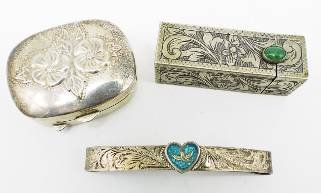 (3) Vintage Sterling Silver Feminine Products: Mervyn's 925 Pill Box, Turquoise Heart Hair Barrette (Marked Latao Art ?), Sterling Silver & Turquoise Stone Vanity Lipstick Case Circa 1920's; 39.9 dwt.