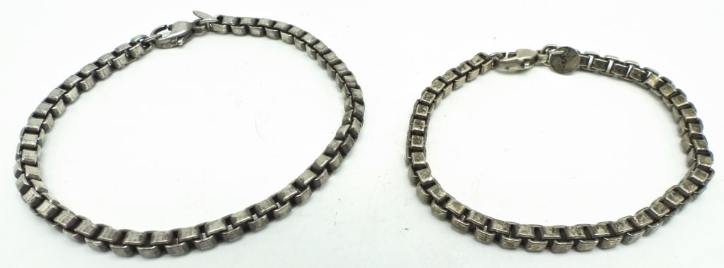 (2) TIFFANY & CO. BOX CHAIN BRACELETS: 20.2DWT, 1- 7" & 7 1/2" LONG WITH LOBSTER CLASP, STAMPED ON CIRCLE TAG TIFFANY & CO. 925