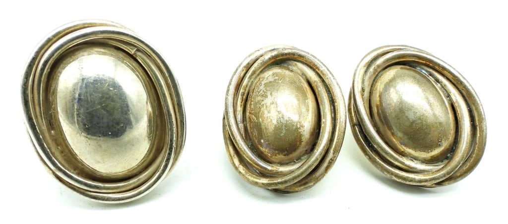 TC- 192 MEXICO 925 EARRINGS: 21DWT, PIERCED MEDIUM STUDS, STAMPED TC-192 MEXICO 925, RING SIZE 8 STAMPED ON THE BACK MEXICO 925