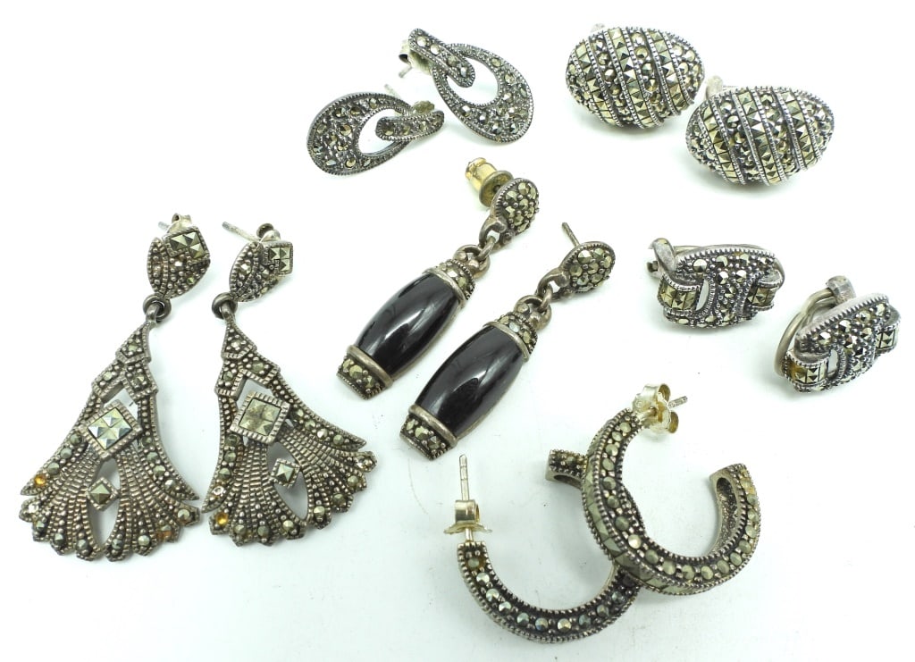 (6) MARCASITE STERLING EARRINGS: 30.4 DWT, ALL DIFFERENT STYLES, ALL PIERCED, ALL STAMPED 925