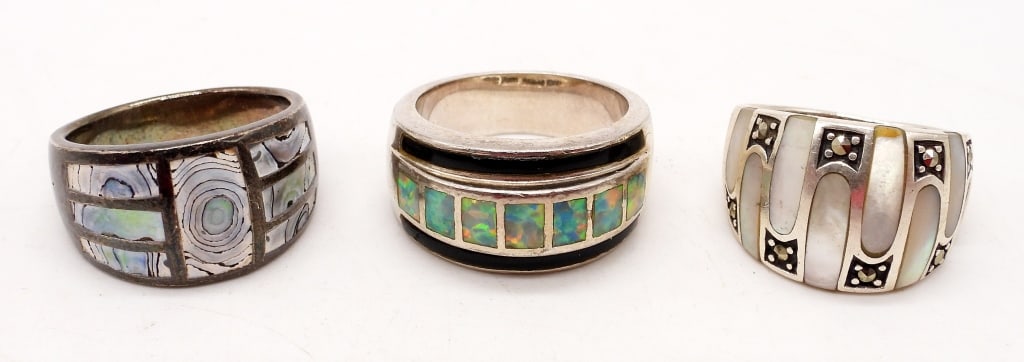 (3) INLAY STERLING BAND RINGS - OPALITE: ABALONE & MOTHER of PEARL - SIZES 9-10 (17 DWT)