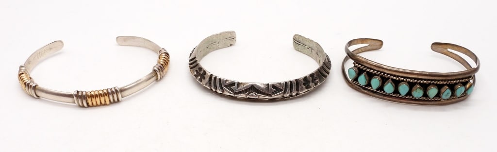 (3) STERLING CUFF SOUTHWEST BRACELETS: (1) w/WIRE WRAP, (1) w/TURQUOISE, (1) TRIBAL DESIGN - ALL 7" w/GAP (46 DWT)