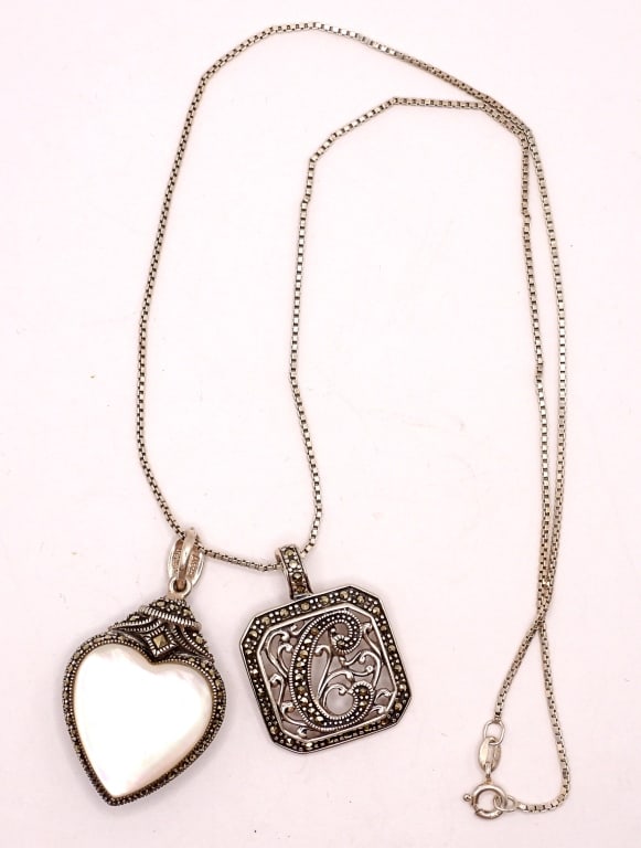 (2) MARCASITE STERLING PENDANTS on 19": STERLING CHAIN - VERY PRETTY (17 DWT)