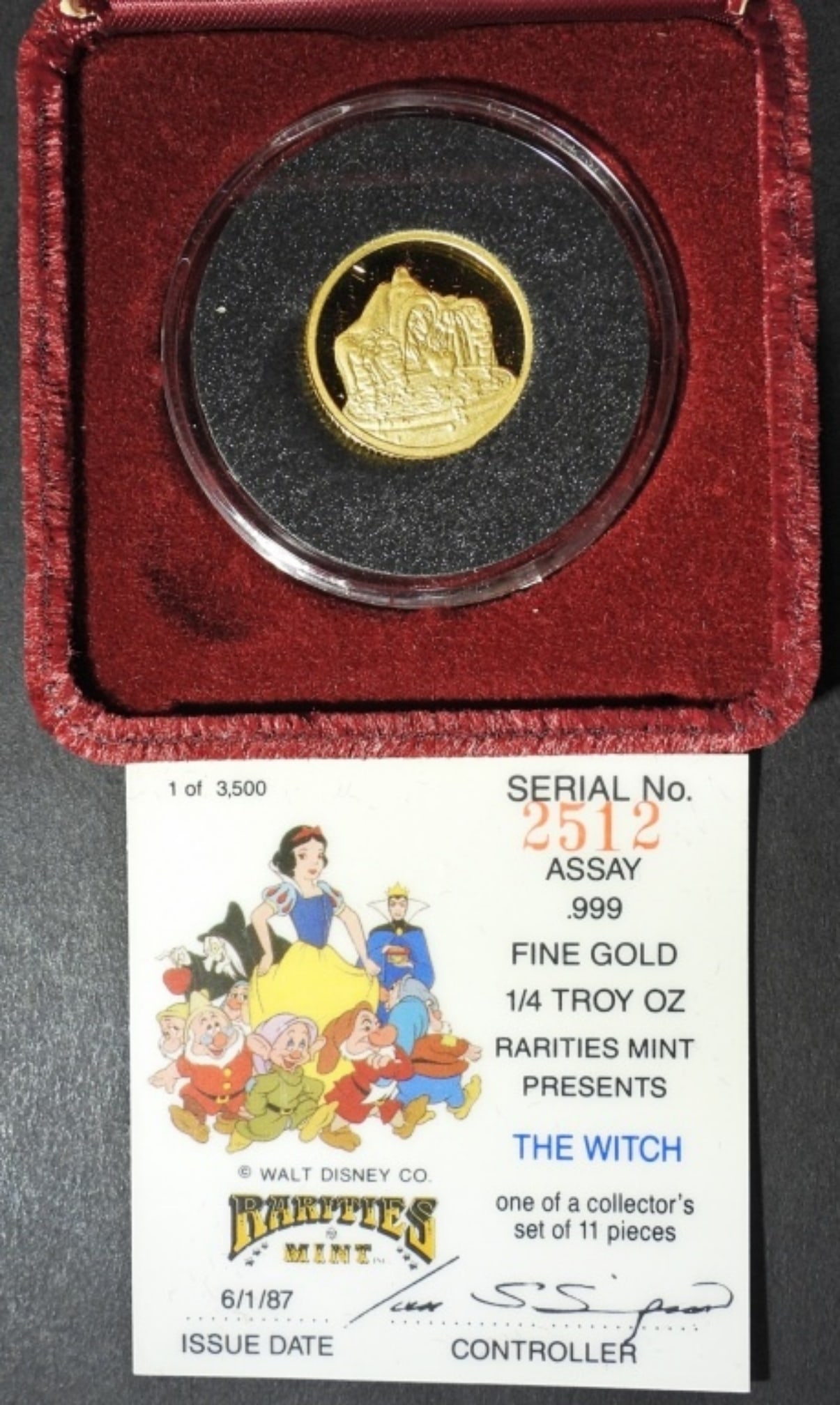 1987 SNOW WHITE "THE WITCH" 1/4 OZ GOLD: DISNEY 1/4 OZ .999 GOLD IN VELVET BOX WITH COA. RARITIES MINT.