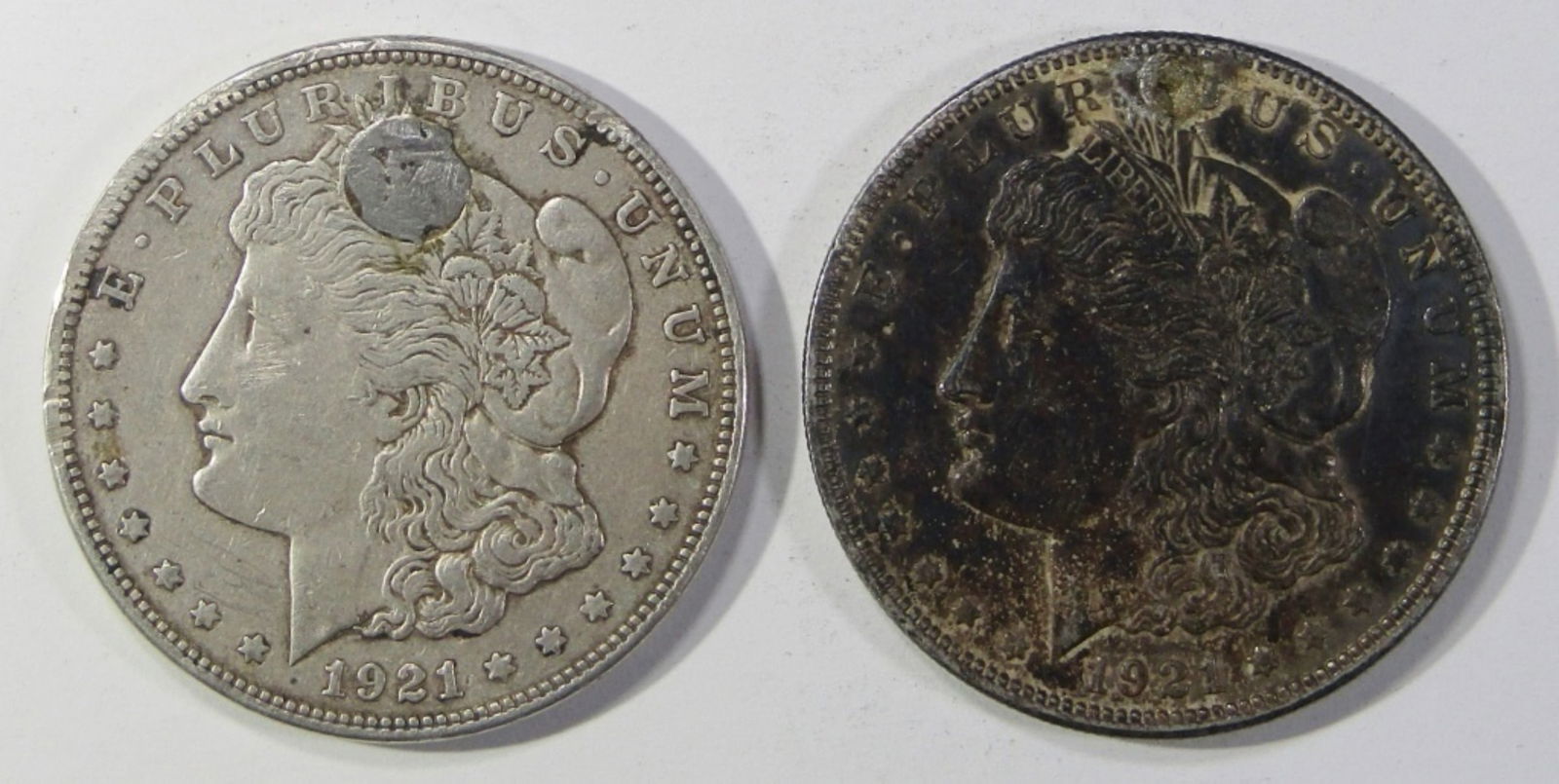 (2) 1921 MORGAN DOLLARS- HOLED & FILLED (1 of 2)