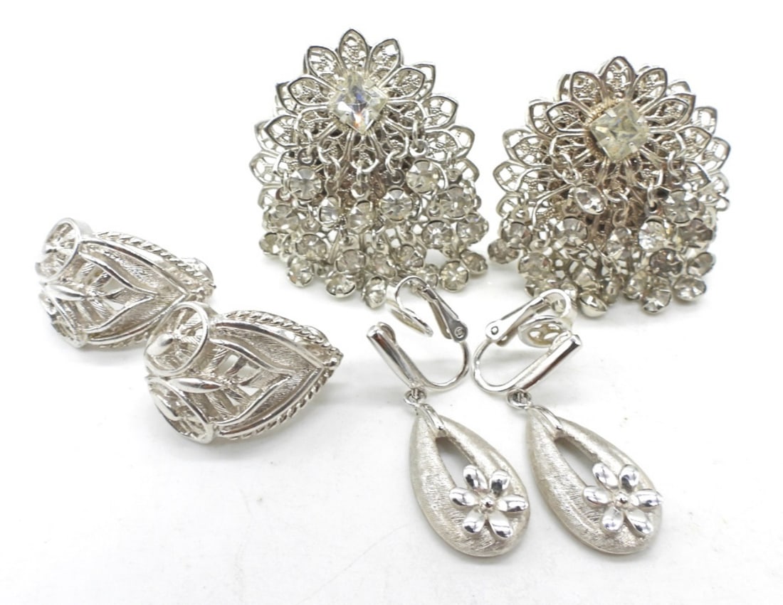 TRIFARI TEAR DROP & MONET SILVER TONE: CLIP-ON EARRINGS & (1) VINTAGE RHINESTONE CLIP-ON SET - NICE LOT