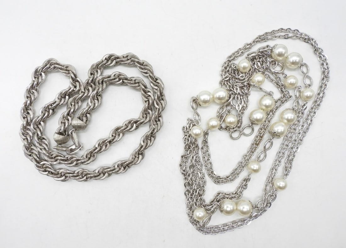 20" MONET & 50" EMMONS NECKLACES: BOTH SILVER TONED - NICE CONDITION