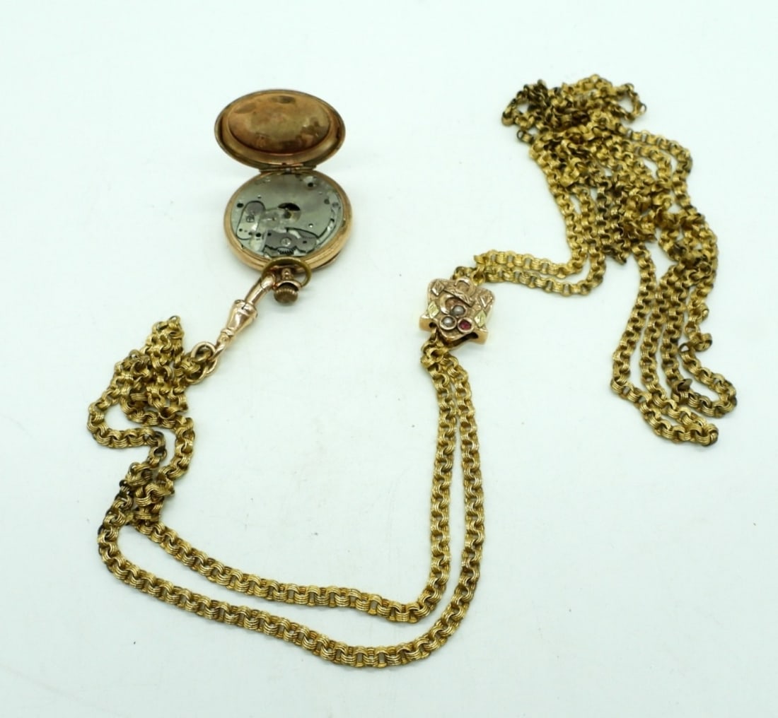 ANTIQUE WATCH CHAIN - ROSE GOLD TONE: with LADIES WATCH CASE - BROKEN WATCH no face not working