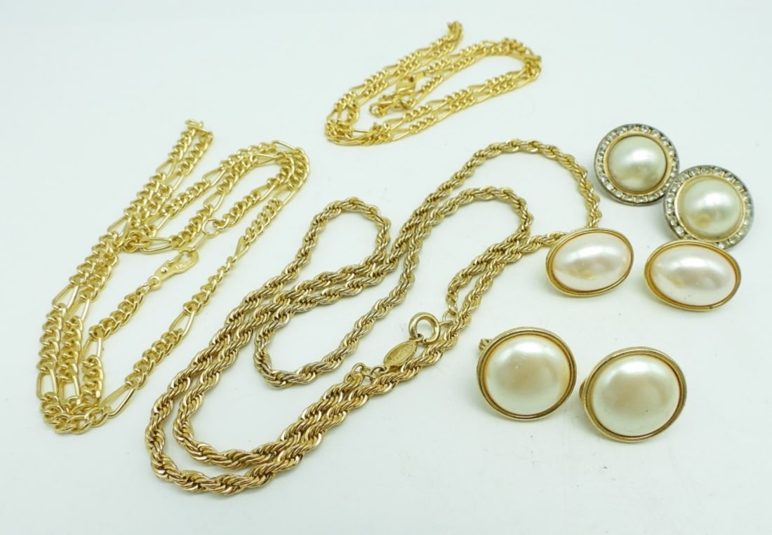 3 GOLD TONE NECKLACES AND CLIP-ONS: NAPIER CHAIN 24" LONG STAMPED BY MAKER, 1 18" AND 1- 20", 3- CLIP-ONS ONE PAIR IS MONET