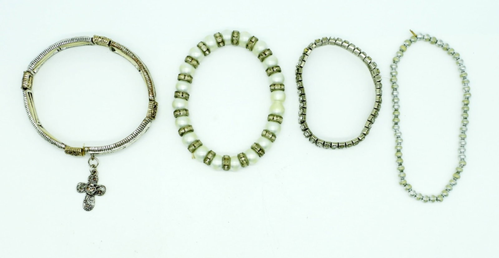 (4) VINTAGE STRETCHY BRACELETS: SILVER TONE, RHINESTONES, NATURAL STONES, CHARM