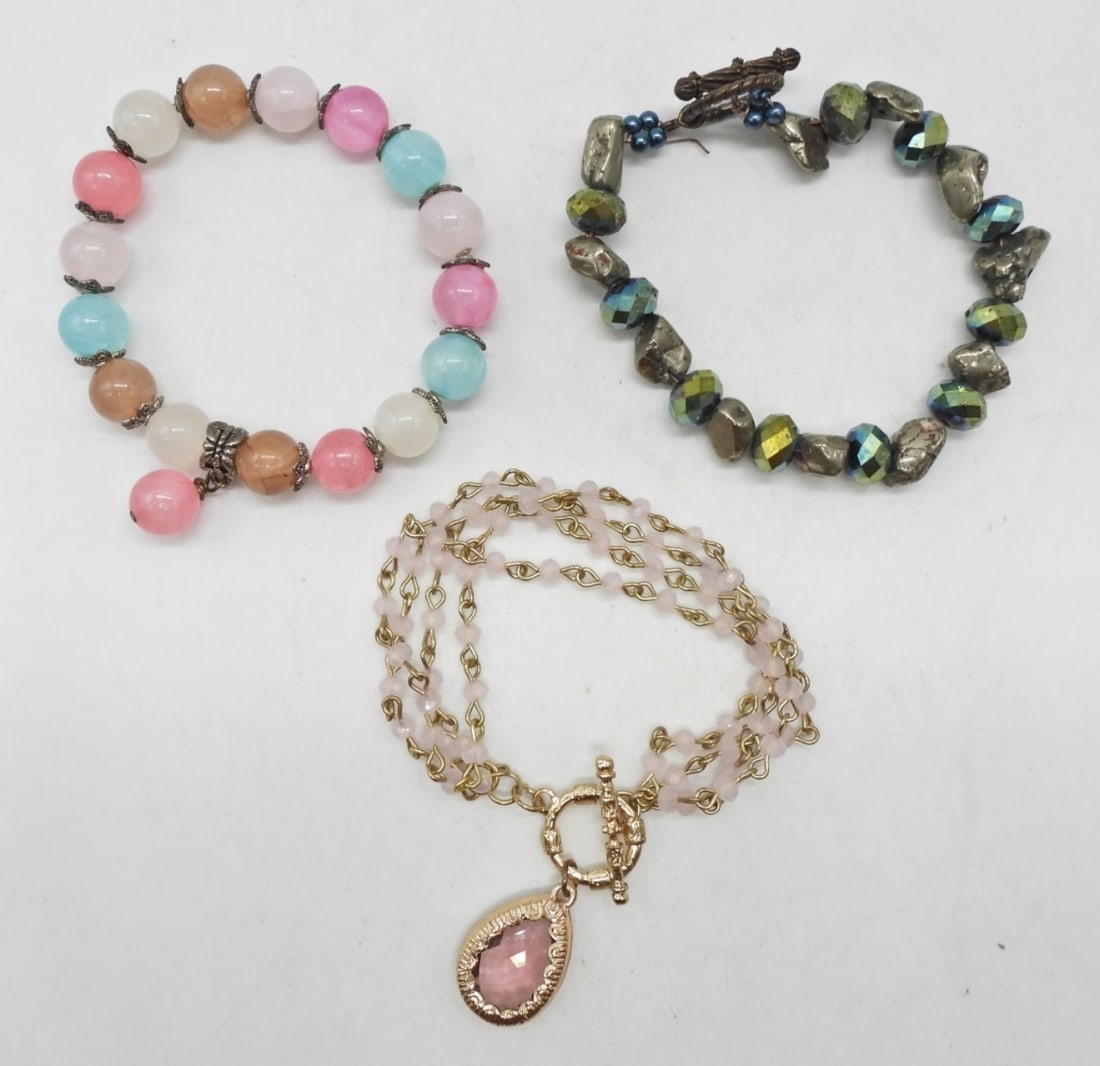(3) DIFFERENT STONE & BEAD BRACELETS: ALL APPROX 2" DIAMETER