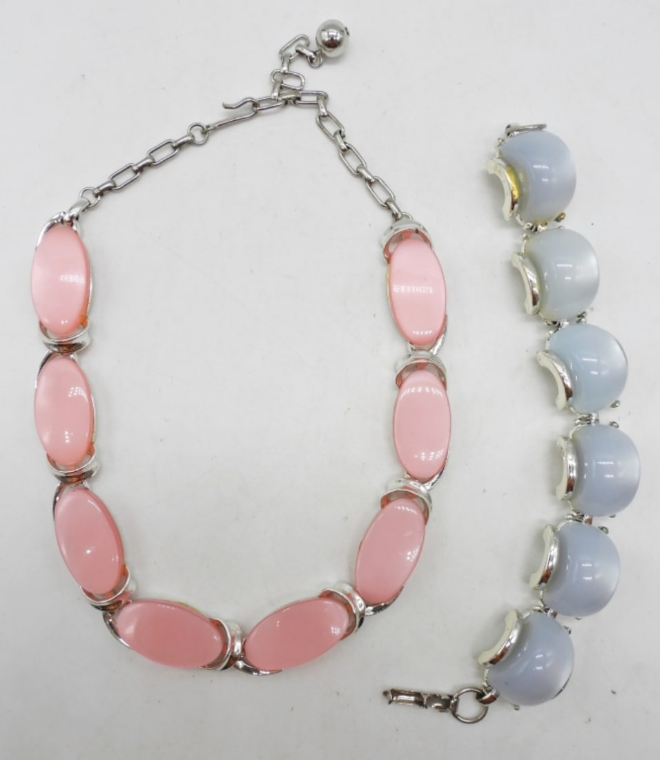 PASTEL & SILVER-TONE NECKLACE & BRACELET: 15" PINK NECKLACE & 6.5" BABY BLUE BRACELET.