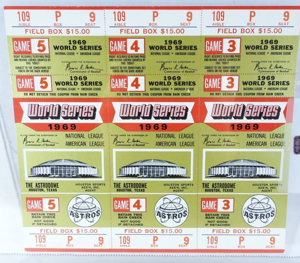 1969 HOUSTON ASTROS GAME 3,4,5 TICKET: UNUSED 1969 WORLD SERIES NL vs AL TICKETS