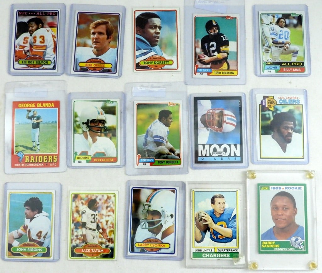 (15) FOOTBALL STAR CARDS from 70s/80s: 1989 BARRY SANDERS ROOKIE, DORSETT, BRADSHAW, BLANDA & MORE - OVERALL NICE CONDITION