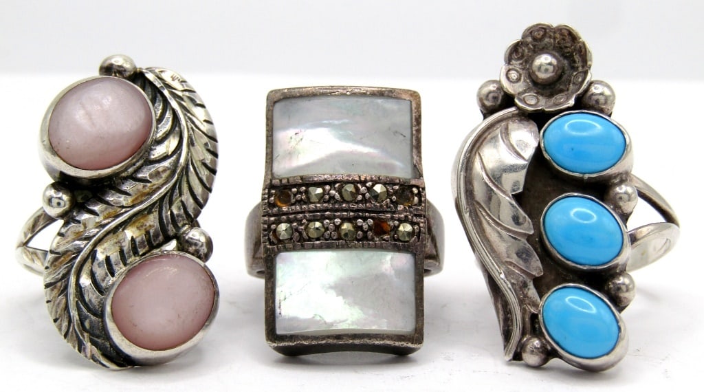 (3) SOUTHWEST STERLING RINGS/TURQUOISE: MOTHER of PEARL & PINK GEMSTONE - SIZES 5-7 (15 DWT)
