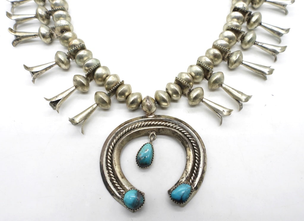 SQUASH BLOSSOM STERLING NECKLACE: 89DWT, 26" LONG, HOOK CLASP, NO STAMPING FOUND
