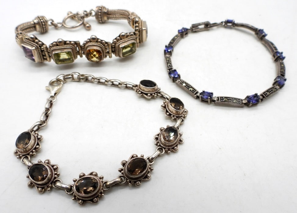 (3) STERLING STONE BRACELETS: 44DWT, 1-7" LONG WITH TOGGLE CLASP, STAMPED 925 INDONESIA, 2-8" LONG, BOTH STAMPED 925