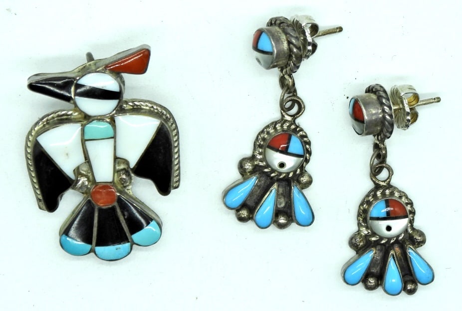 Zuni Inlay Sterling Pendant & Earrings (1 of 3)