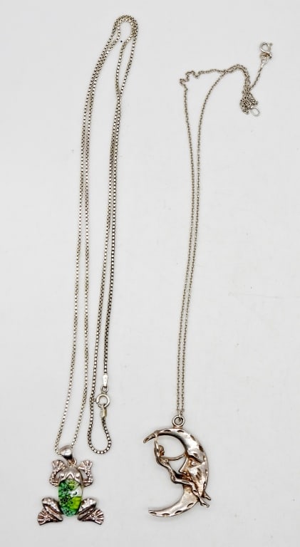(2) VINTAGE STERLING SILVER NECKLACES: WITH STERLING SILVER PENDANTS, FROG & MOON; 18" & 30" CHAIN LENGTHS; STAMPED "FAS ITALY 925" & "925 ITALY"; 15.5 DWT