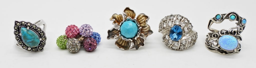 (5) STERLING SILVER TURQUOISE RINGS: STERLING SILVER BLING FASHION RINGS WITH TURQUOISE NATURAL STONES & GEMSTONES; SIZES VARY 6-8.5; STAMPED 925, 925 CHINA; 24.5 DWT