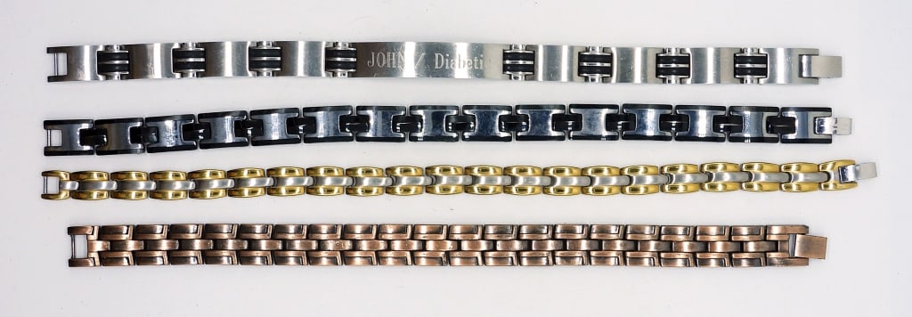 Men's Large Link Bracelets Set of 4: One diabetic bracelet engraved "John", 9', copper tone 8", black & silver tone 8", silver & gold tone 8"