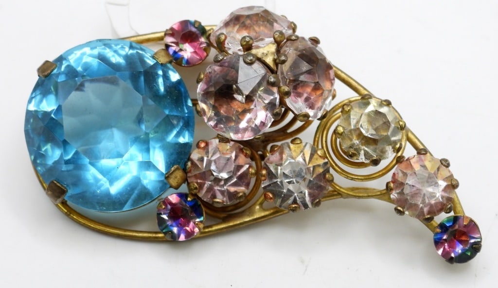 ANTIQUE STERLING SWEATER CLAMP w/STONES: STUNNING VINTAGE PIECE w/SPIRAL SETTINGS & LARGE STONES (20 dwt)