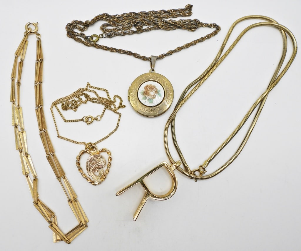 (4) Vintage Gold Tone Necklaces: 24" With R Pendant, 24" With Locket Pendant, 22" Link, 18" With Praying Girl in Heart Pendant; Used.
