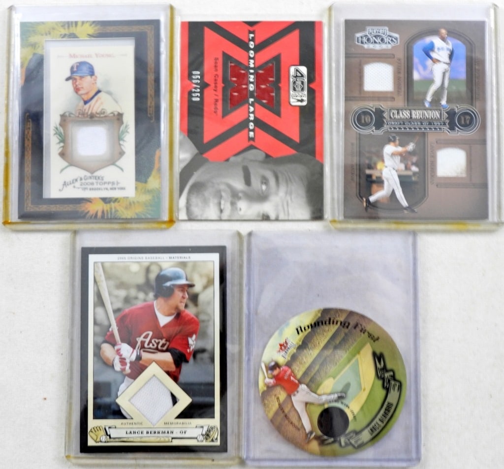 (5) GAME-WORN JERSEY PATCH RELIC CARDS: (2) LANCE BERKMAN (1) LANCE BERKMAN & VERNON WELLS (1) SEAN CASEY (1) MICHAEL YOUNG; TOPPS, UPPER DECK & MORE 0 VERY NICE CONDITION