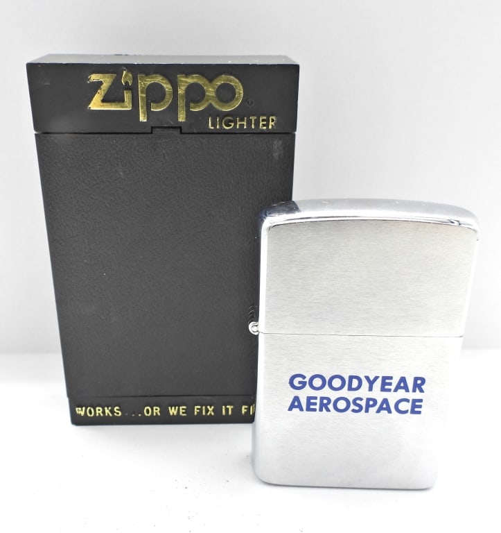 1985 UNFIRED ADVERTISING ZIPPO LIGHTER: GOODYEAR AEROSPACE ON THE FRONT, UNFIRED, IN BOX