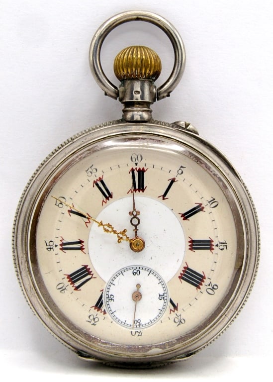 .800 SILVER CATTLE CASE POCKET WATCH: CYLINDRE 10 RUBIS No 9301, BEAUTIFUL FACE with FANCY HANDS - NO MANUFACTURER INFO on MOVEMENT - RUNNING - NEEDS SERVICED