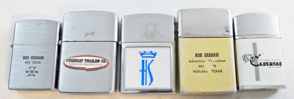 (5) FLIP TOP ADVERTISING LIGHTERS: ALL DIFFERENT - USED CONDITION & (1) UNFIRED, WINDETTE, HALCO, KENNEDY & MORE