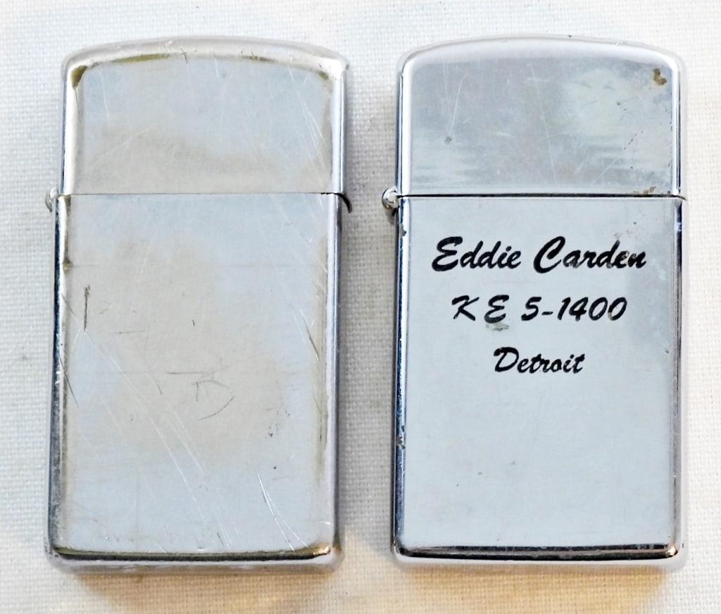 (2) VINTAGE BRUSHED CHROME SLIM ZIPPOS: 1963 & 1973 BRUSHED CHROME SILVER SLIM STYLE ZIPPO LIGHTERS; USED CONDITION; (1) ENGRAVED