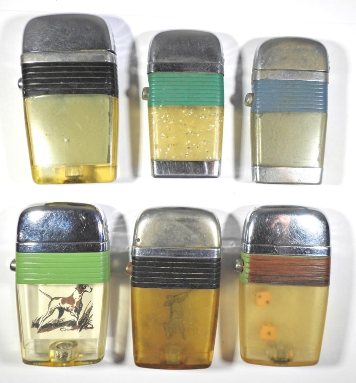 (6) SEE THRU VINTAGE LIGHTERS - DICE,: HUNTING (1) CLEAR HUNTING DOG - ALL UNTESTED