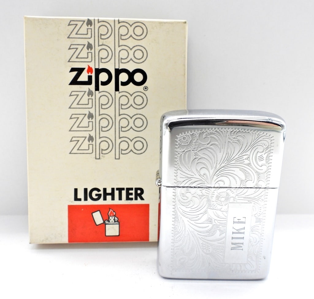 1981 UNFIRED ZIPPO LIGHTER: ETCHED DESIGN ENGRAVED MIKE ON THE SIDE