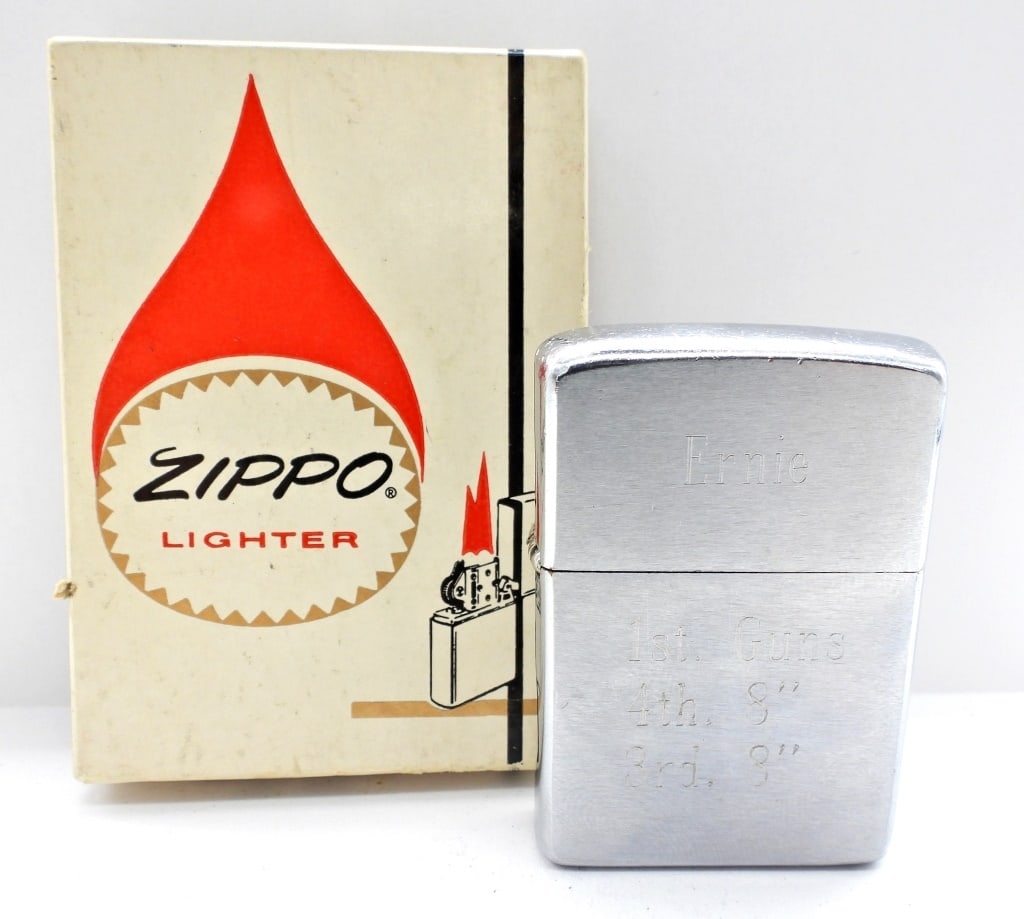 PAT.2517191 ENGRAVED ZIPPO LIGHTER: IN-BOX, USED CONDITION, INSERT MATCHES, ENGRAVED ERNIE ON THE TOP AND 1ST. GUNS 4TH. 8" 3RD. 8"