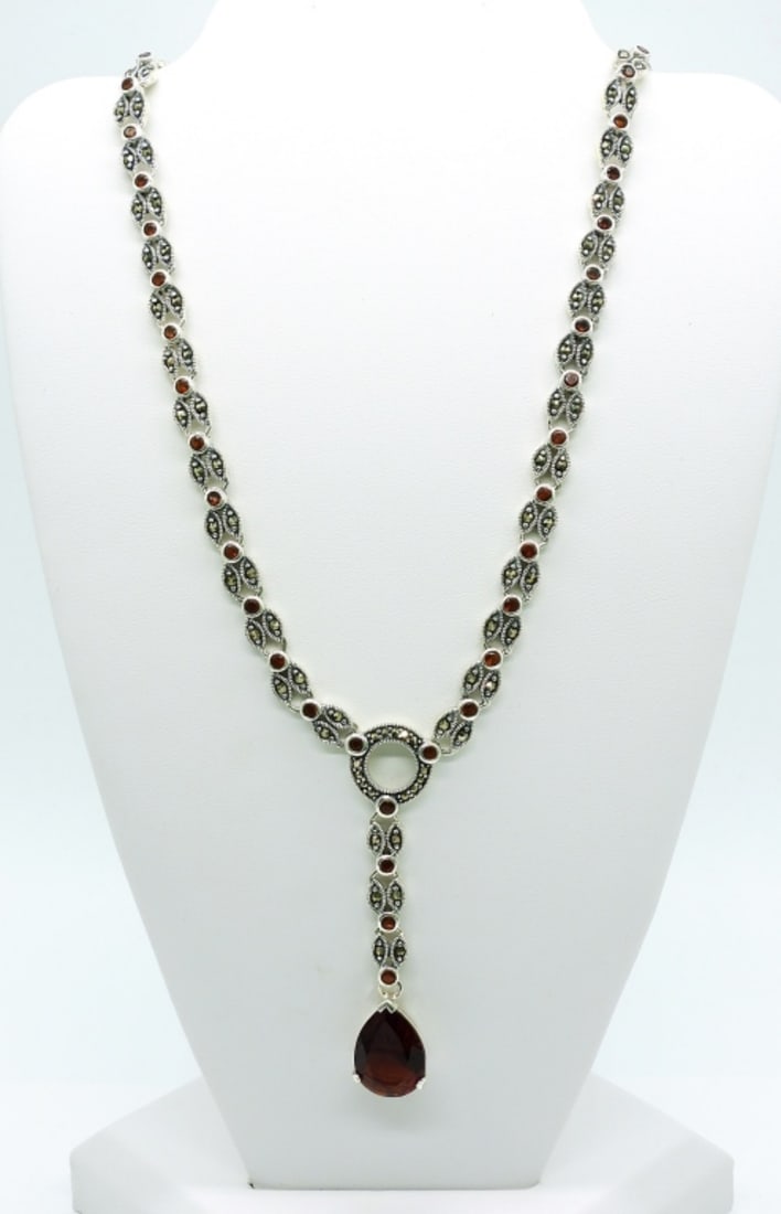 Stunning Marcasite Necklace: 16 inch marcasite necklace with deep orange colored stones. Brilliant sparkle! (DWT 21.8)