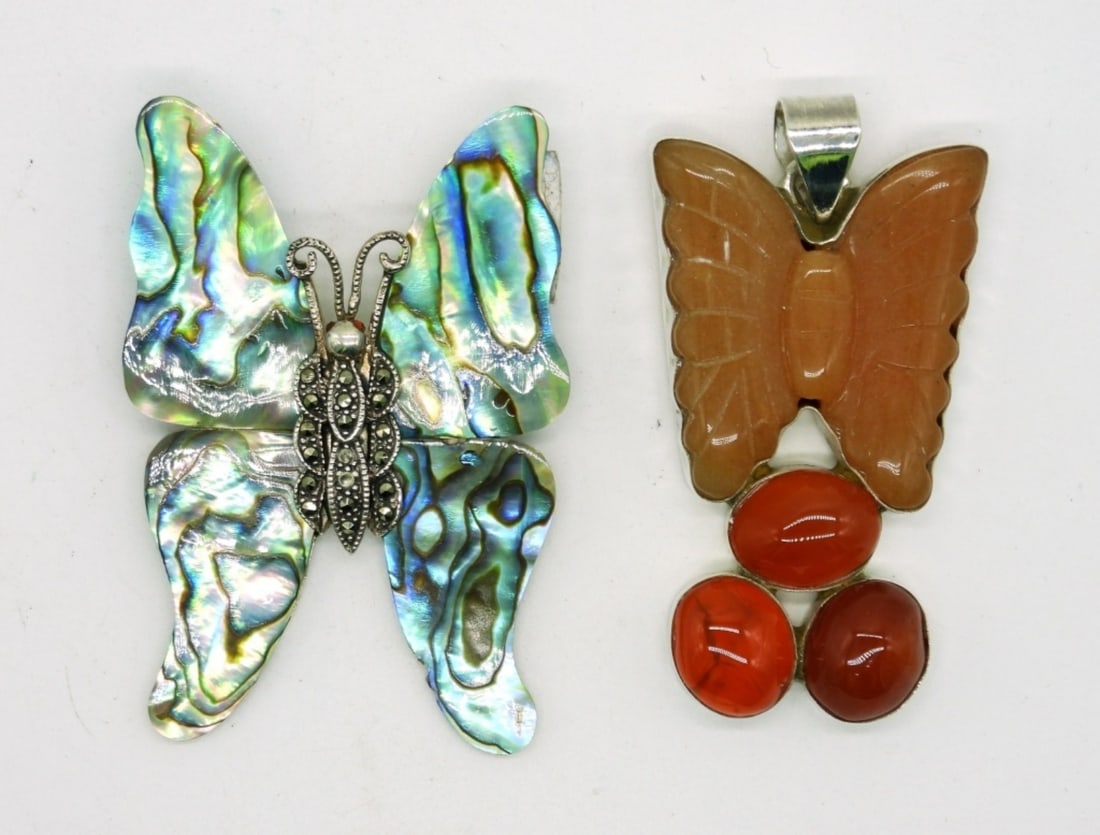 Set of Sterling Butterfly Pendants: One orange aventurine and carnelian 2.5 inches, and one abalone shell and marcasite 2.5 inches.