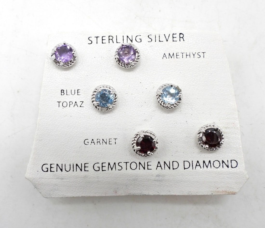 Sterling Genuine Gemstone Stud Earring Set of 3 (1 of 2)