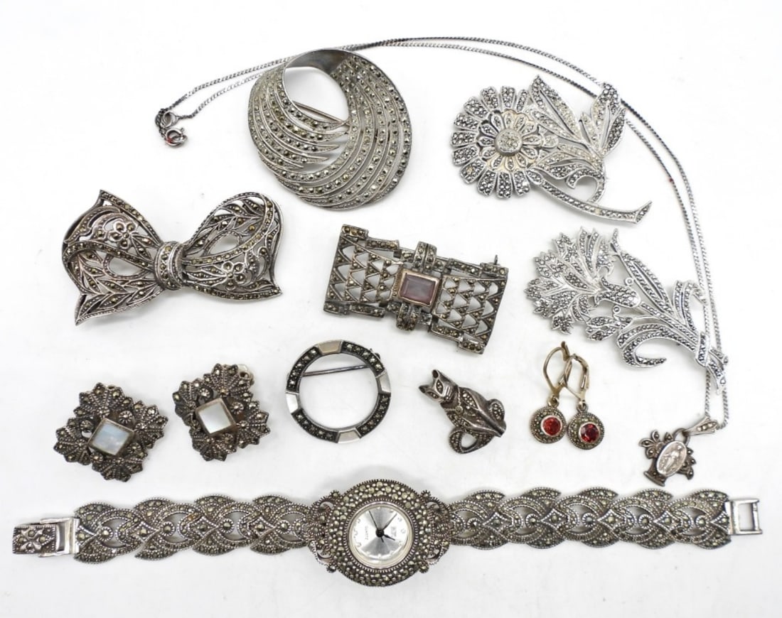 Large Sterling Marcasite Jewelry Lot: Several pieces: broach pins, necklace, and earrings. Some are very clean, others will need a good cleaning. Great for the marcasite lover! (DWT 78.1)