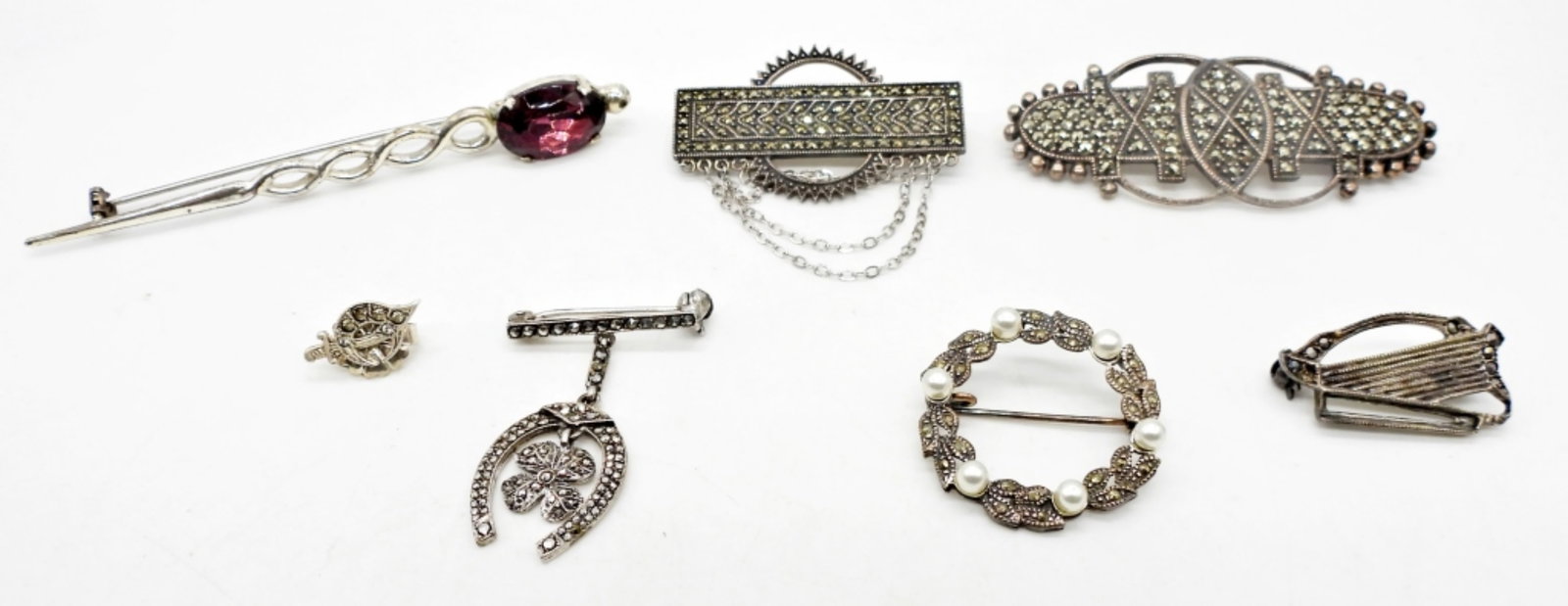 (7) STERLING & MARCASITE BROOCH PINS: ALSO FAUX PEARL & RHINESTONE; STAMPED 925 STERLING SILVER; 30 DWT