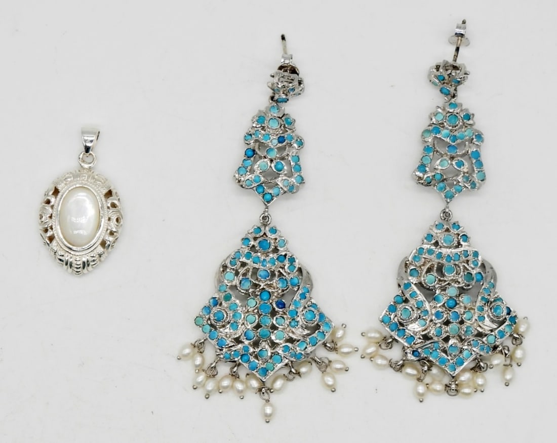 Sterling Turquoise Colored Earrings: Earrings measure 3 inches long. Shell pendant measures 1 inch. Very showy! (DWT 21.9)